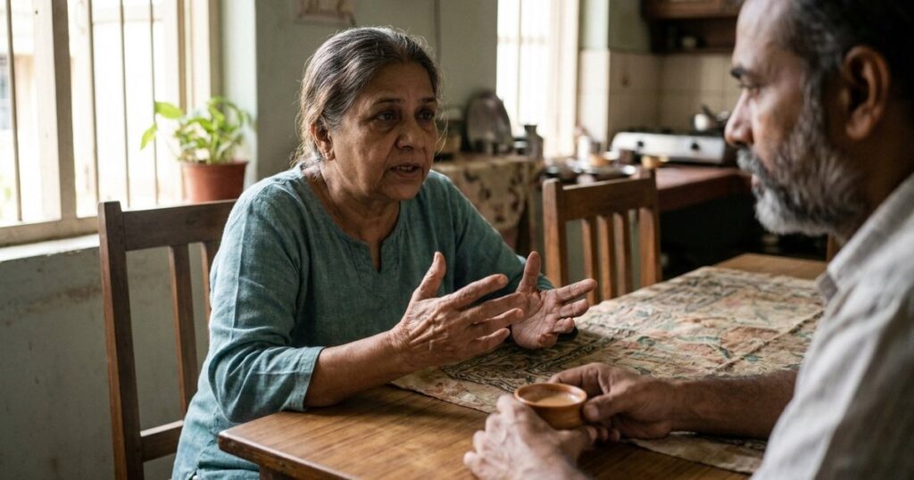 Indian couple discusses marriage-saving rules at a dining table with morning light illuminating them.