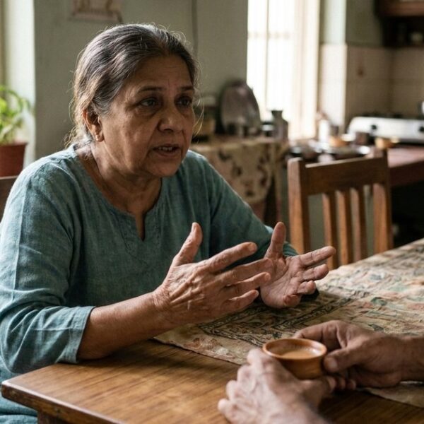 Indian couple discusses marriage-saving rules at a dining table with morning light illuminating them.