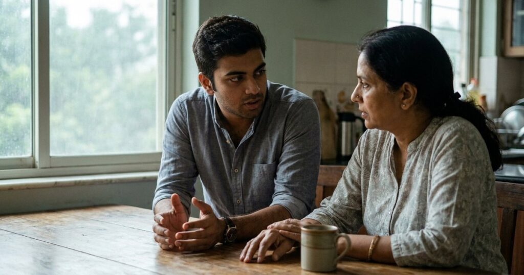 An Indian professional discusses balancing family with entrepreneurial goals at a kitchen table in soft light.