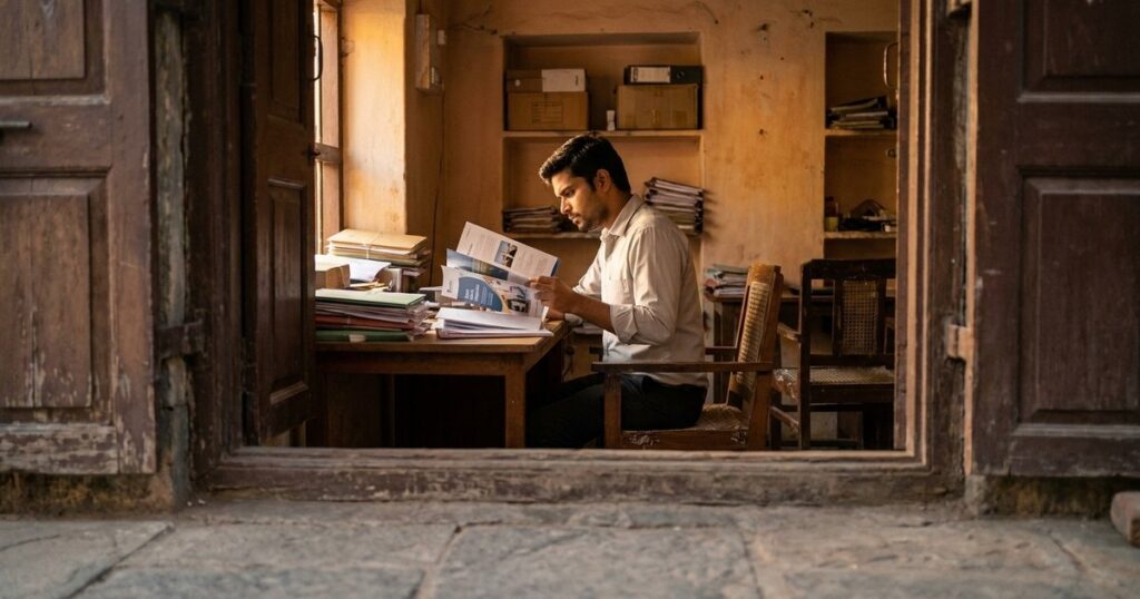 A young person examines company brochures in an Indian business, embodying a focused job search approach.