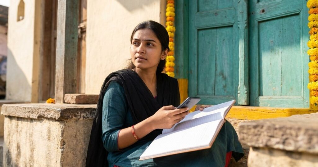 Young Indian woman on steps of a traditional home, contemplating AI-assisted decisions with a phone and notebook.