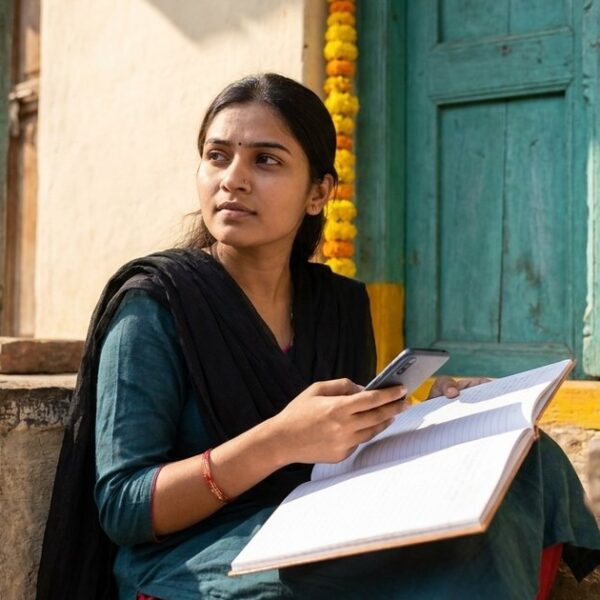 Young Indian woman on steps of a traditional home, contemplating AI-assisted decisions with a phone and notebook.