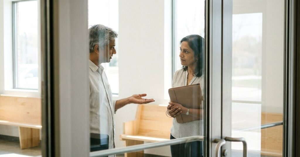 Two Indian adults discuss a patient, sustainable investing plan in a bright community hall.