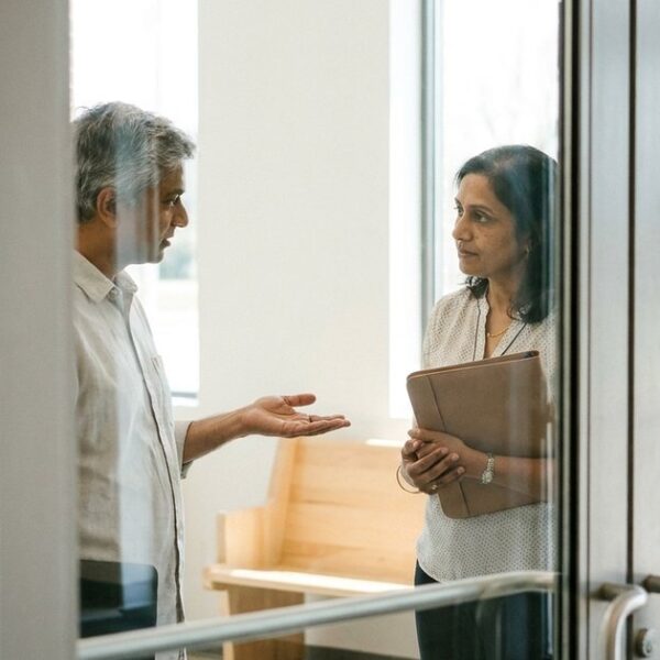 Two Indian adults discuss a patient, sustainable investing plan in a bright community hall.