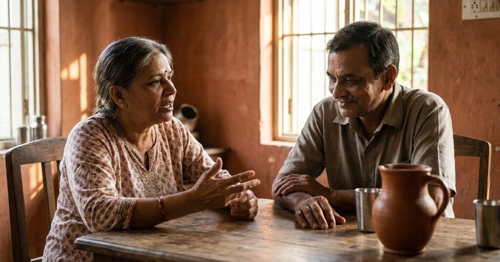 Indian couple having an earnest conversation at a dinner table, highlighting the article's focus on marriage and entrepreneurship balance.