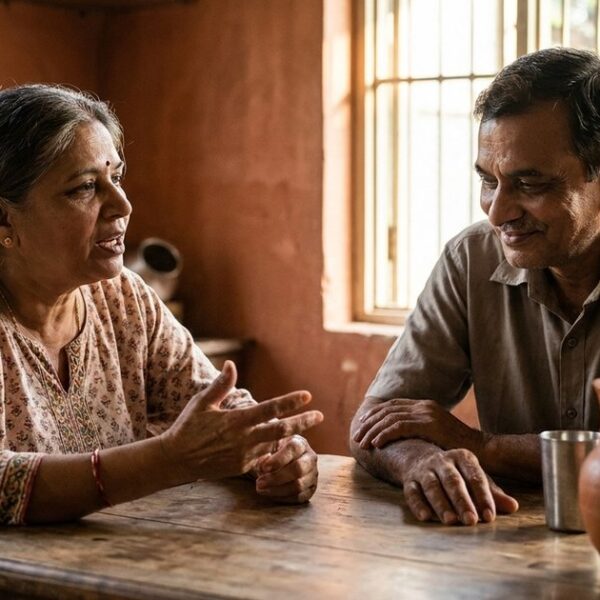 Indian couple having an earnest conversation at a dinner table, highlighting the article's focus on marriage and entrepreneurship balance.