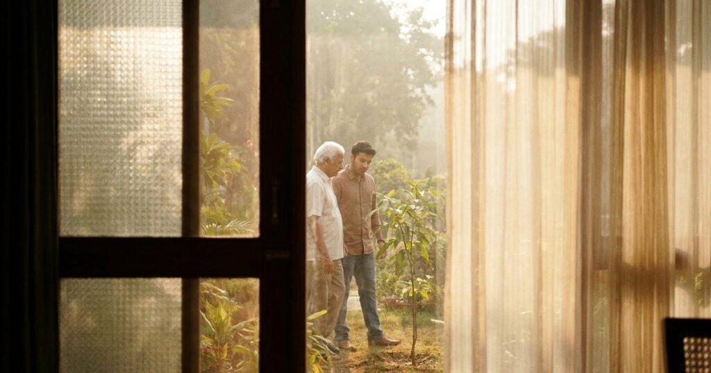 Indian mentor and young investor discuss patient, long-term wealth building in a sunlit garden.