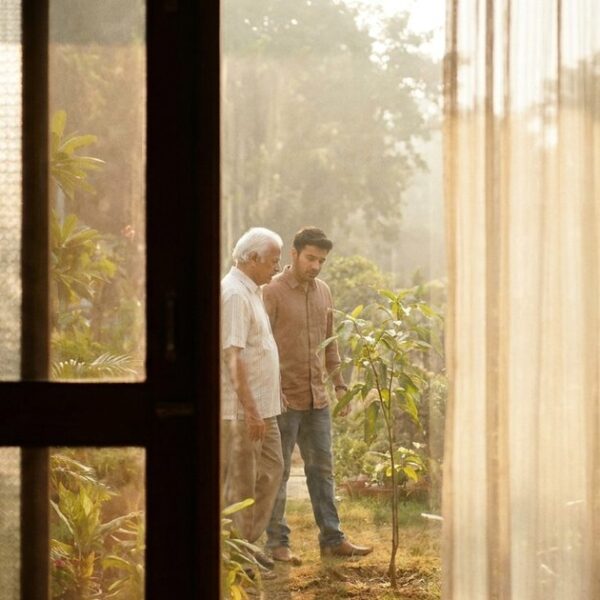 Indian mentor and young investor discuss patient, long-term wealth building in a sunlit garden.