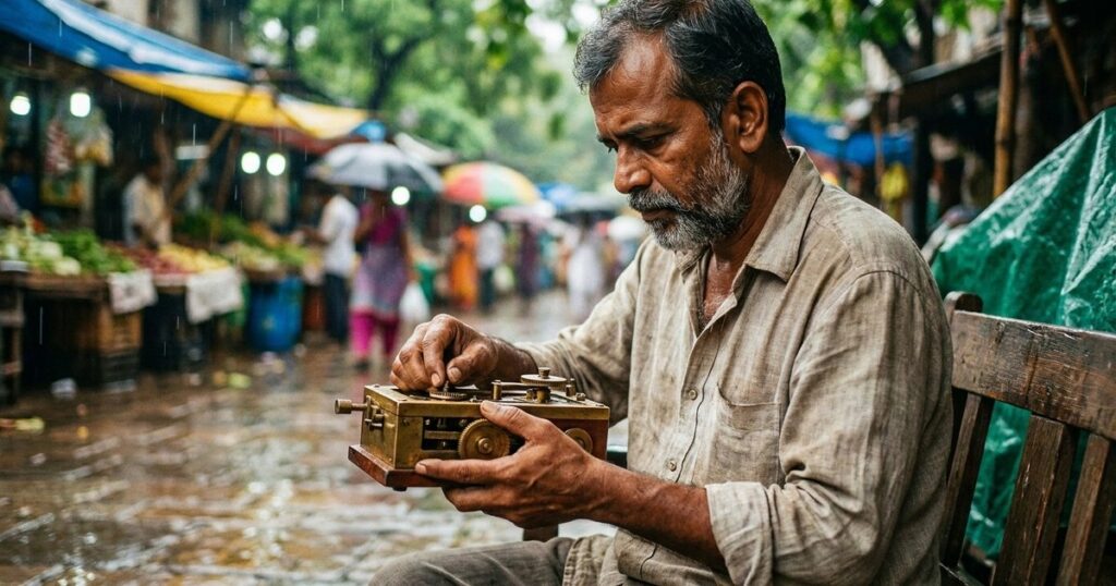 Indian man adjusts a device in a market, illustrating the article's theme of managing personal interfaces.