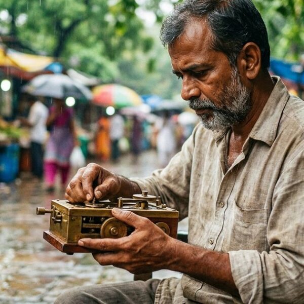 Indian man adjusts a device in a market, illustrating the article's theme of managing personal interfaces.