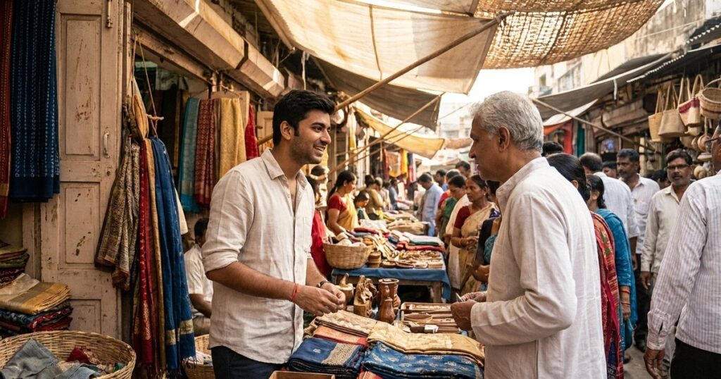 Indian entrepreneur at a vibrant market stall, discussing strategies with a mentor, reflecting on AI-age opportunities.