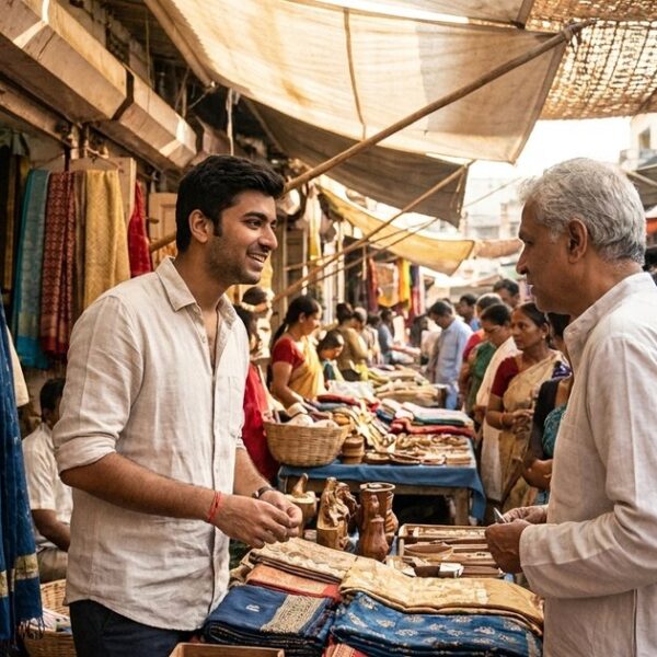 Indian entrepreneur at a vibrant market stall, discussing strategies with a mentor, reflecting on AI-age opportunities.