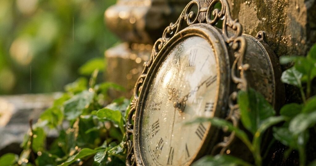 Close-up of an antique wall clock surrounded by foliage, symbolizing investment wisdom from the article on Charlie Munger and Rakesh Jhunjhunwala.
