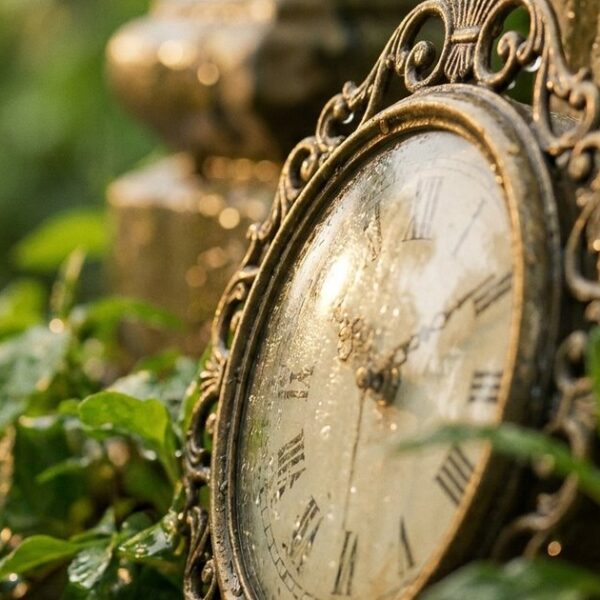 Close-up of an antique wall clock surrounded by foliage, symbolizing investment wisdom from the article on Charlie Munger and Rakesh Jhunjhunwala.