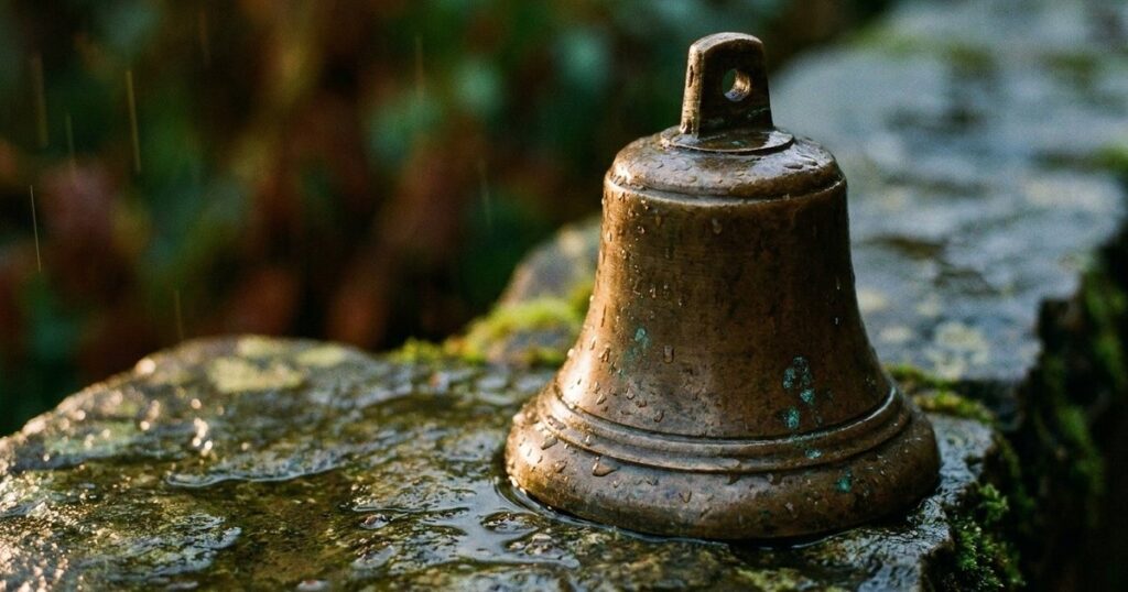 Close-up of a vintage school bell on wet stone, representing the themes of education in the article 'School Is Not Education'.