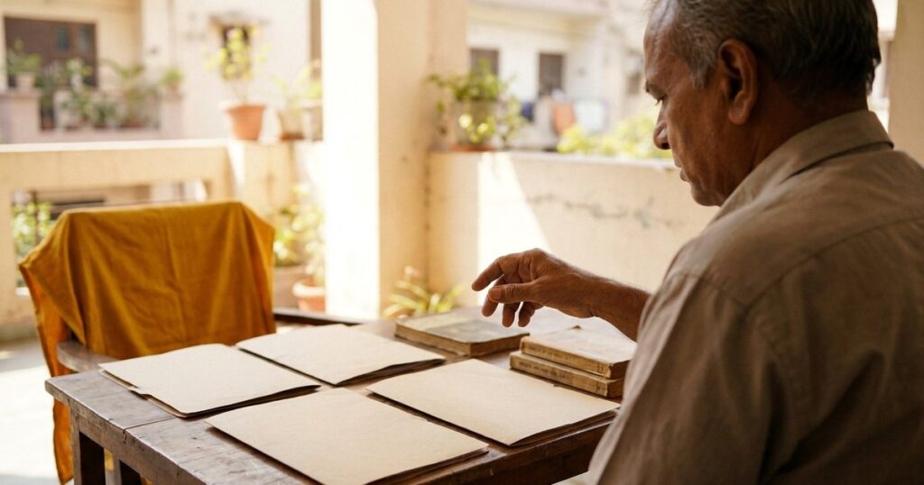 Indian investor reviewing past investment decisions and research materials in bright daylight