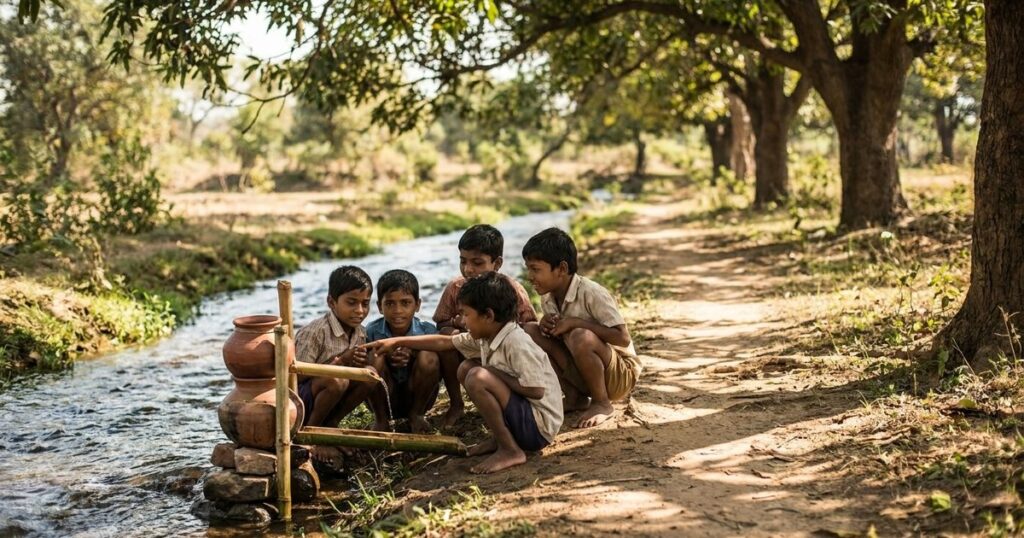 Children exploring a water filtration project outdoors, illustrating creativity and curiosity in learning.