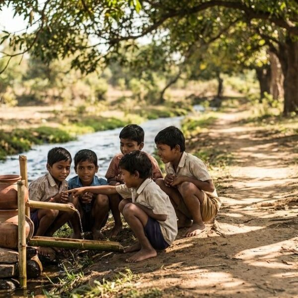Children exploring a water filtration project outdoors, illustrating creativity and curiosity in learning.
