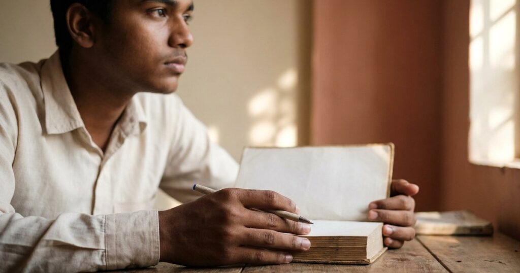 An Indian student pondering career choices as a doctor or IAS officer, seated in a sunlit room with a book and pen.