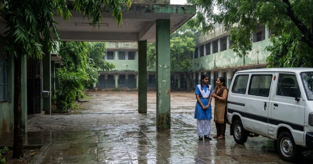 Student and parent outside a rain-washed Indian school, illustrating the dummy-school crackdown.