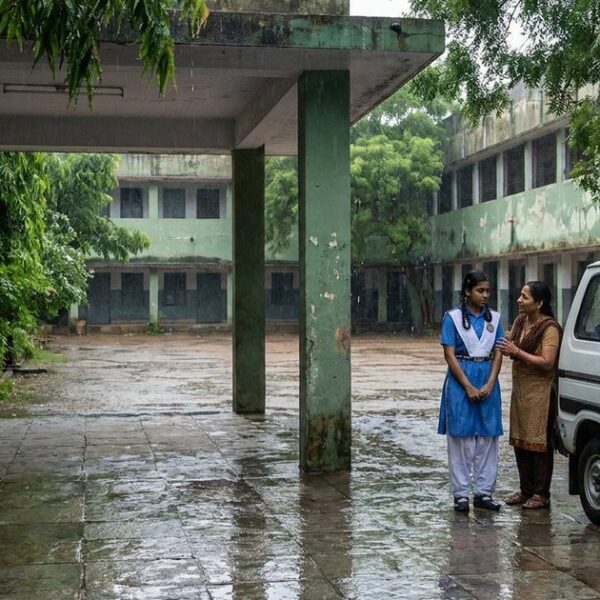 Student and parent outside a rain-washed Indian school, illustrating the dummy-school crackdown.