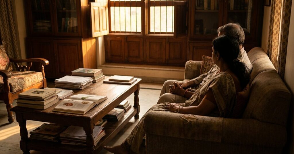 Couple in Indian home reflecting on IVF journey amid warm light, related to failed implantation and chemical pregnancy.