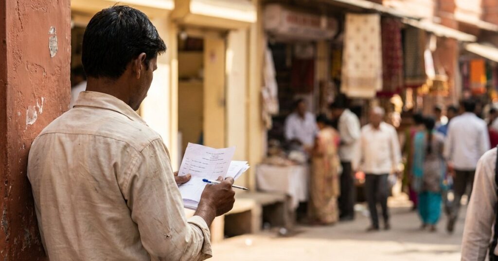 An entrepreneur examines investment documents in an Indian market, reflecting on fake angel investor scams.