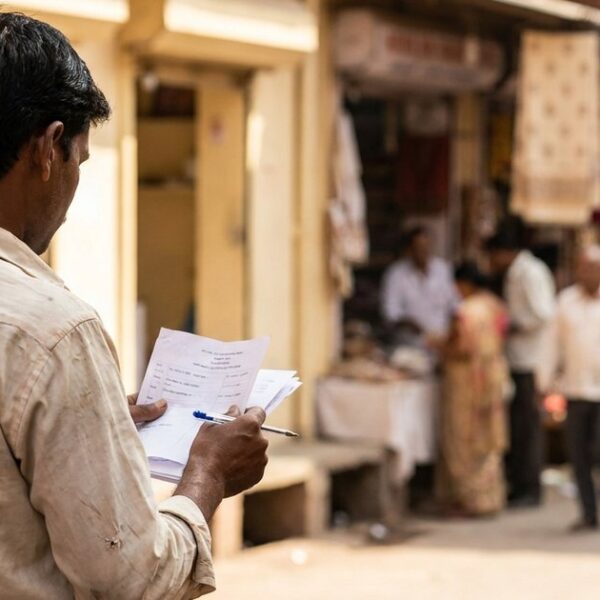 An entrepreneur examines investment documents in an Indian market, reflecting on fake angel investor scams.