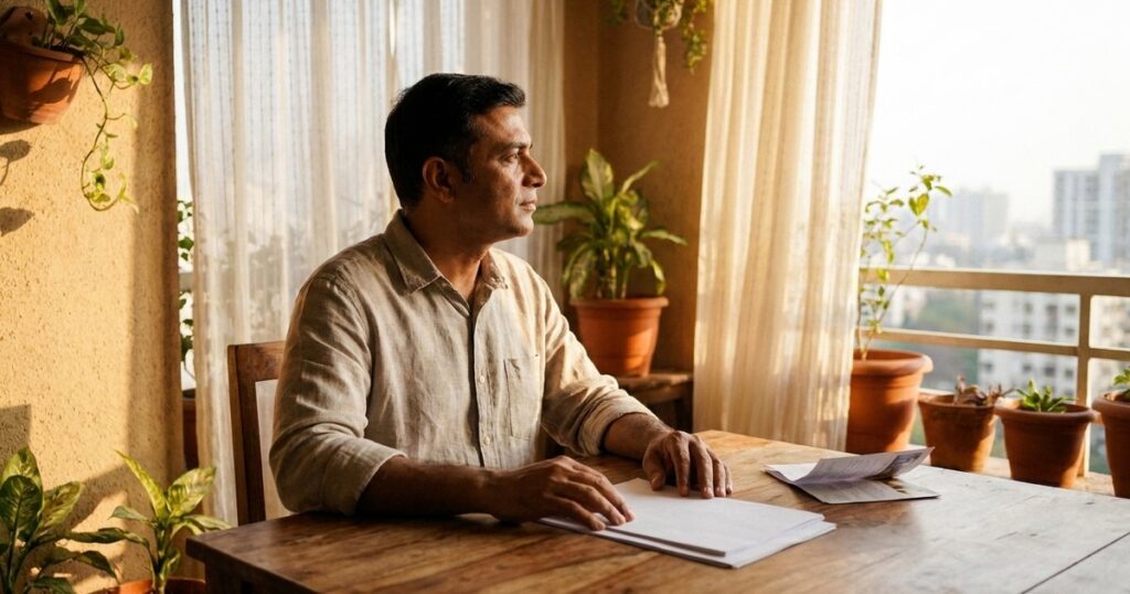 Indian investor reflects on disciplined long-term investing in warm morning light