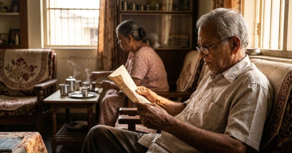 An Indian family shares a moment in a living room as they read a letter, reflecting on family and entrepreneurship.