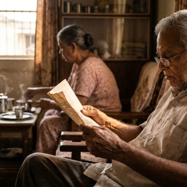 An Indian family shares a moment in a living room as they read a letter, reflecting on family and entrepreneurship.