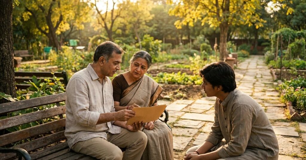 Indian family discussing long-term investing and portfolio decisions in a sunlit community garden