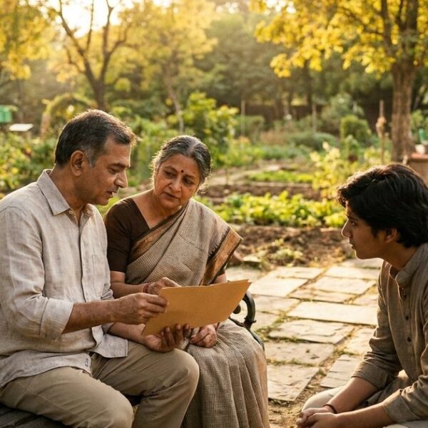 Indian family discussing long-term investing and portfolio decisions in a sunlit community garden