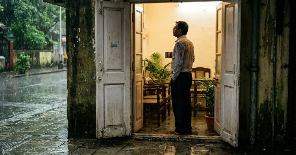A thoughtful figure in an Indian startup office, pondering an acquisition decision, seen through a doorway with monsoon light.