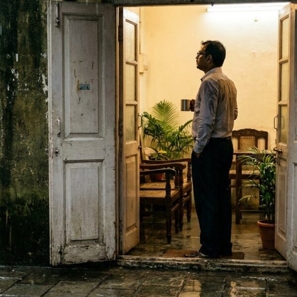 A thoughtful figure in an Indian startup office, pondering an acquisition decision, seen through a doorway with monsoon light.