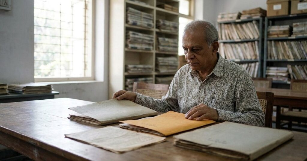 Indian market historian reviewing archival papers about past market cycles in a bright Mumbai archive