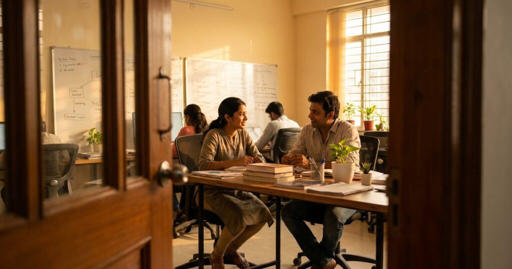 An Indian startup's office showing a founder and investor's discussion, highlighting a human aspect of founder-friendly investors.