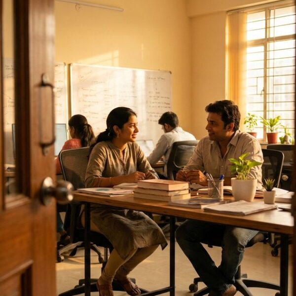 An Indian startup's office showing a founder and investor's discussion, highlighting a human aspect of founder-friendly investors.