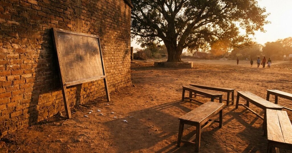 A schoolyard with a solitary blackboard and benches, illustrating how learning happens outside classrooms.