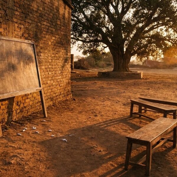 A schoolyard with a solitary blackboard and benches, illustrating how learning happens outside classrooms.