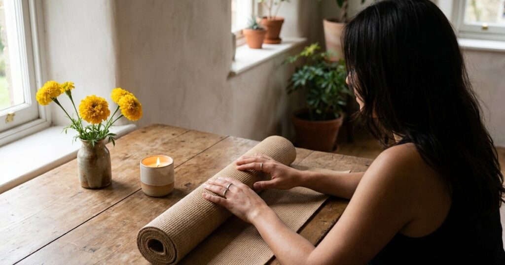 Woman reflecting after failed IVF cycle, seated with a yoga mat and flowers on a warm-lit table.