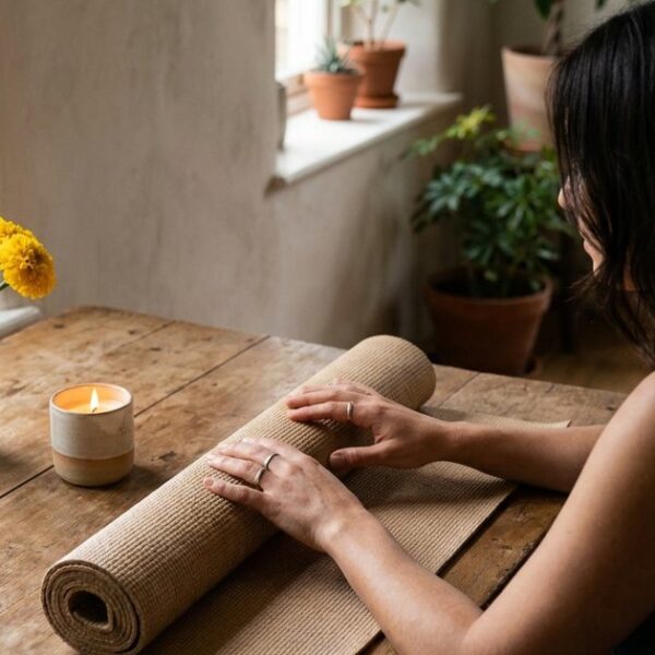 Woman reflecting after failed IVF cycle, seated with a yoga mat and flowers on a warm-lit table.