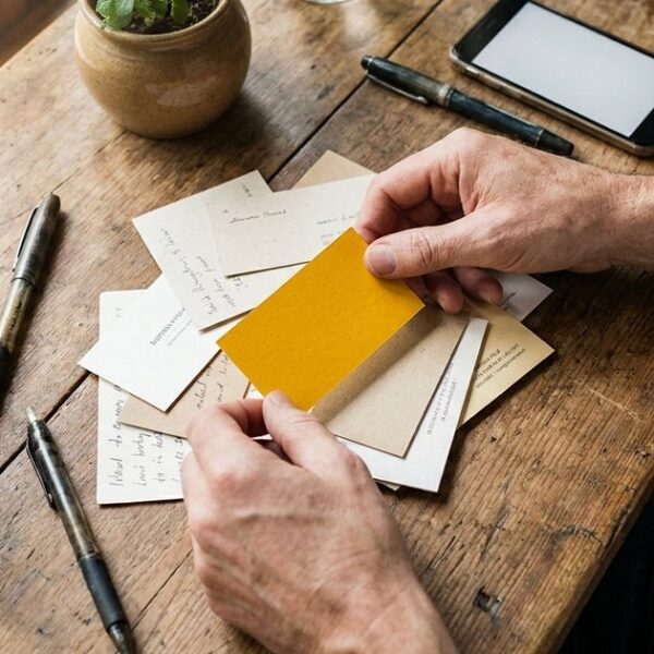 Hands sorting business cards and notes, illustrating the challenge of finding angel investors in India without introductions.