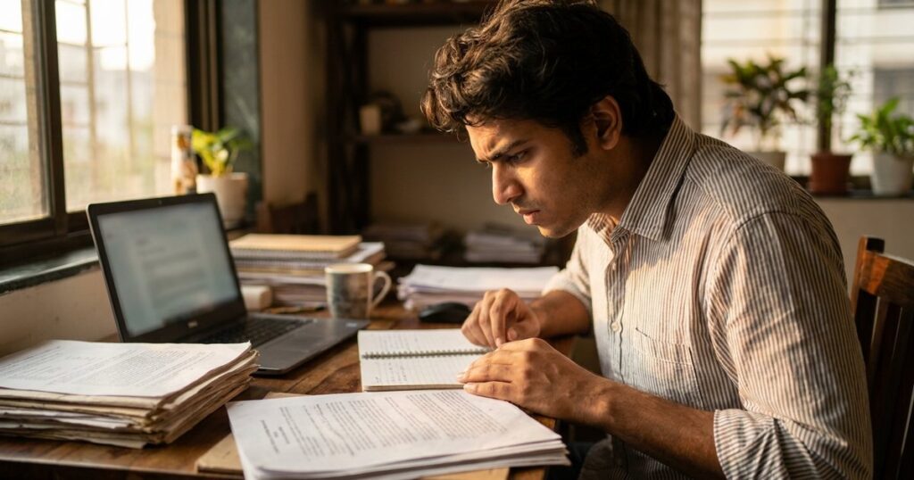An Indian student intensely reviews documentation, symbolizing the struggles of getting refunds from ed-tech companies in India.