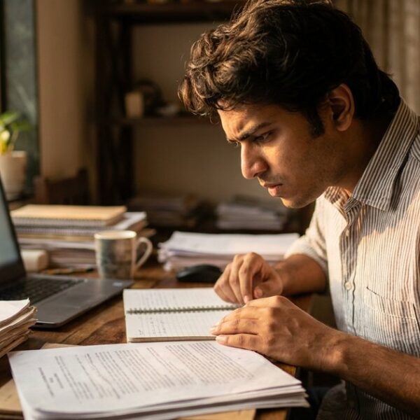 An Indian student intensely reviews documentation, symbolizing the struggles of getting refunds from ed-tech companies in India.