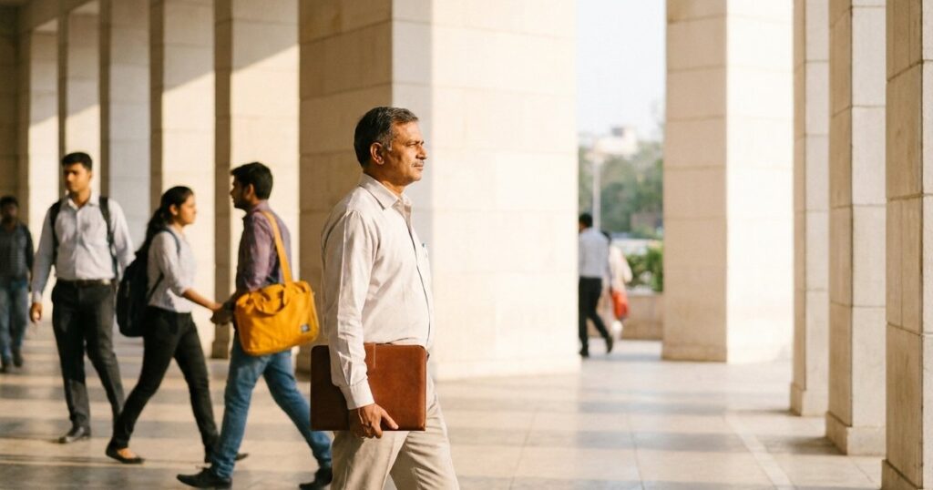 Indian investor walking through a sunlit financial district, representing disciplined long-term investing.