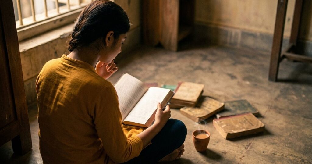 Young Indian woman reading thoughtfully, reflecting on reprogramming her mind for success.
