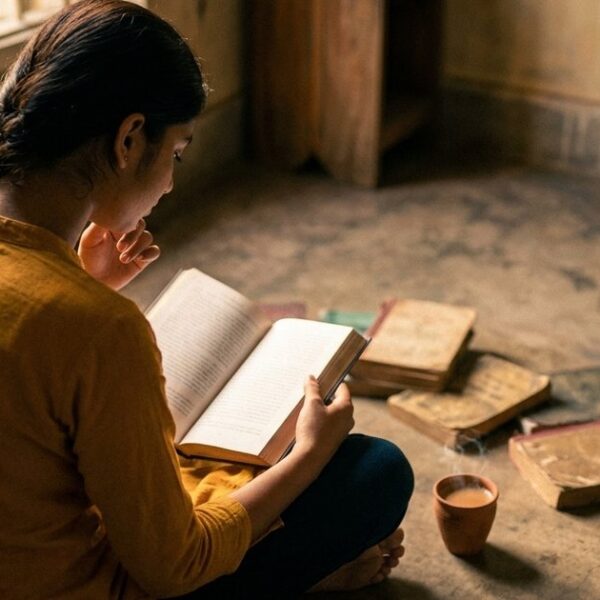 Young Indian woman reading thoughtfully, reflecting on reprogramming her mind for success.