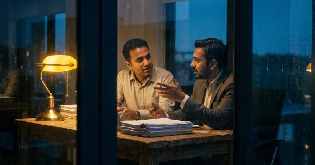 Two people discuss business in a softly lit room, illustrating an article on reading books that challenge investment views.