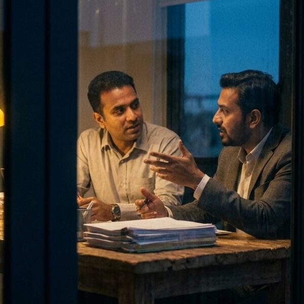 Two people discuss business in a softly lit room, illustrating an article on reading books that challenge investment views.